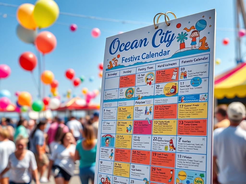 A hyper-realistic close-up shot of the Ocean City Festival Calendar, featuring colorful event details and illustrations. The background should depict a festive scene with balloons and people enjoying an event, creating a lively atmosphere. The calendar should be bright and eye-catching, shot with a 45mm f/1.2 lens.