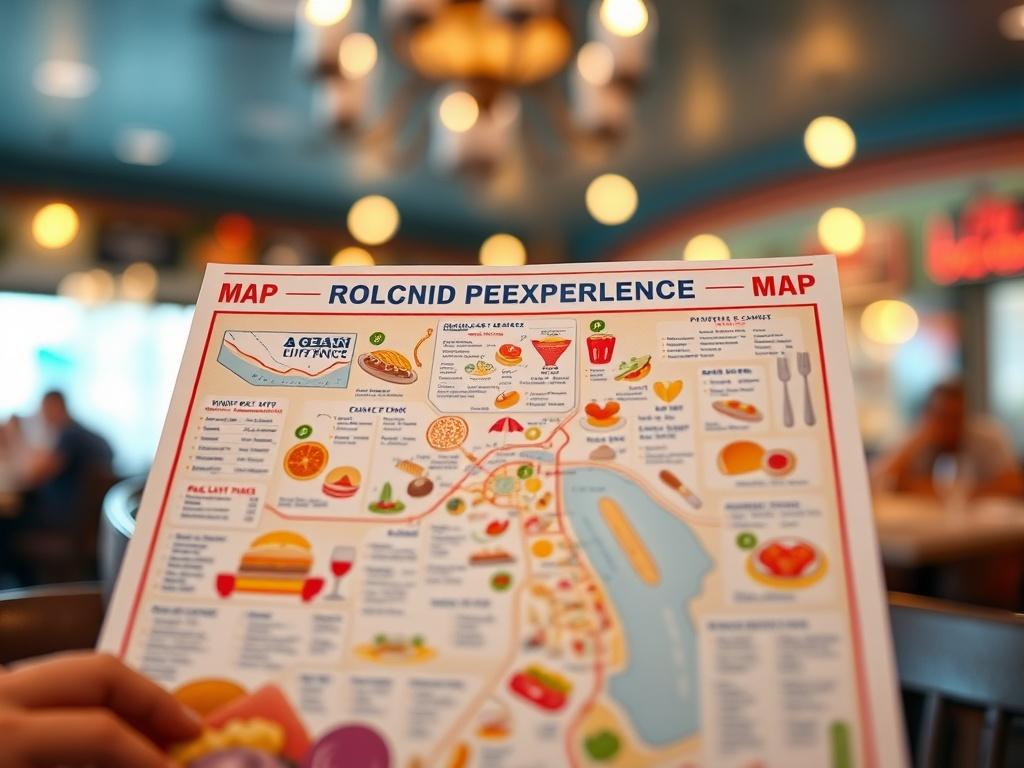 A hyper-realistic close-up shot of the Ocean City Dining Experience Map, displaying its vibrant design with food illustrations. The background should feature a blurred dining scene, conveying a warm and inviting atmosphere. The map should look detailed and colorful, highlighting various food icons, shot with a 45mm f/1.2 lens.