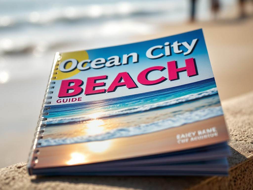 A hyper-realistic close-up shot of the Ocean City Beach Guide, showcasing its vibrant cover with beach imagery. The background should be a soft-focus beach scene, emphasizing the relaxing beach vibes. The cover should be colorful and inviting, with sun and waves reflected on the surface, shot with a 45mm f/1.2 lens.