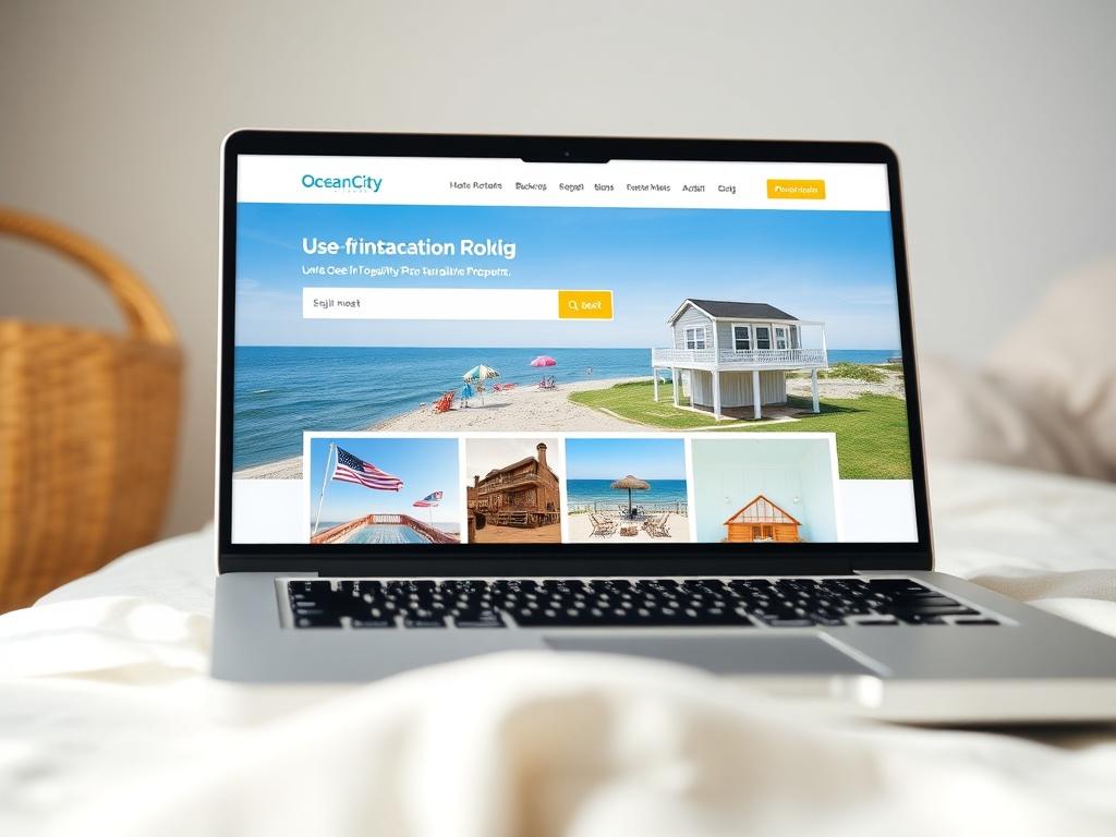A close-up shot of a laptop displaying a user-friendly vacation rental booking website, with vibrant images of Ocean City properties on the screen. The background features soft beach colors, emphasizing a relaxing vacation vibe.