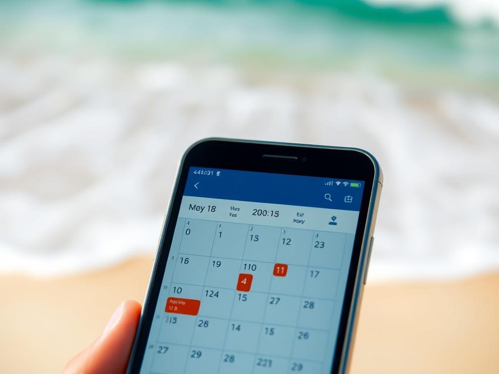 A high-resolution close-up of a calendar on a smartphone screen, showing marked dates for vacation rentals. The background captures a sandy beach and ocean waves, creating a sense of urgency and excitement for booking.