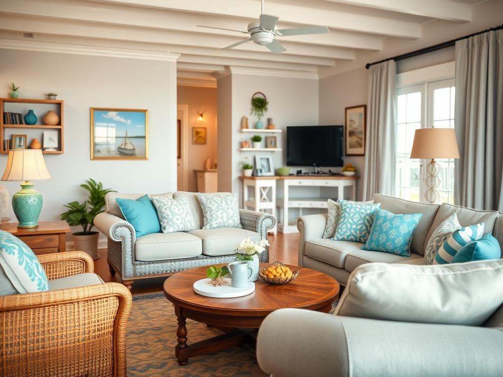 A vibrant close-up of a beautifully decorated vacation rental living room, showcasing cozy furniture and seaside decor. The background is softly blurred, emphasizing the inviting atmosphere of the property.