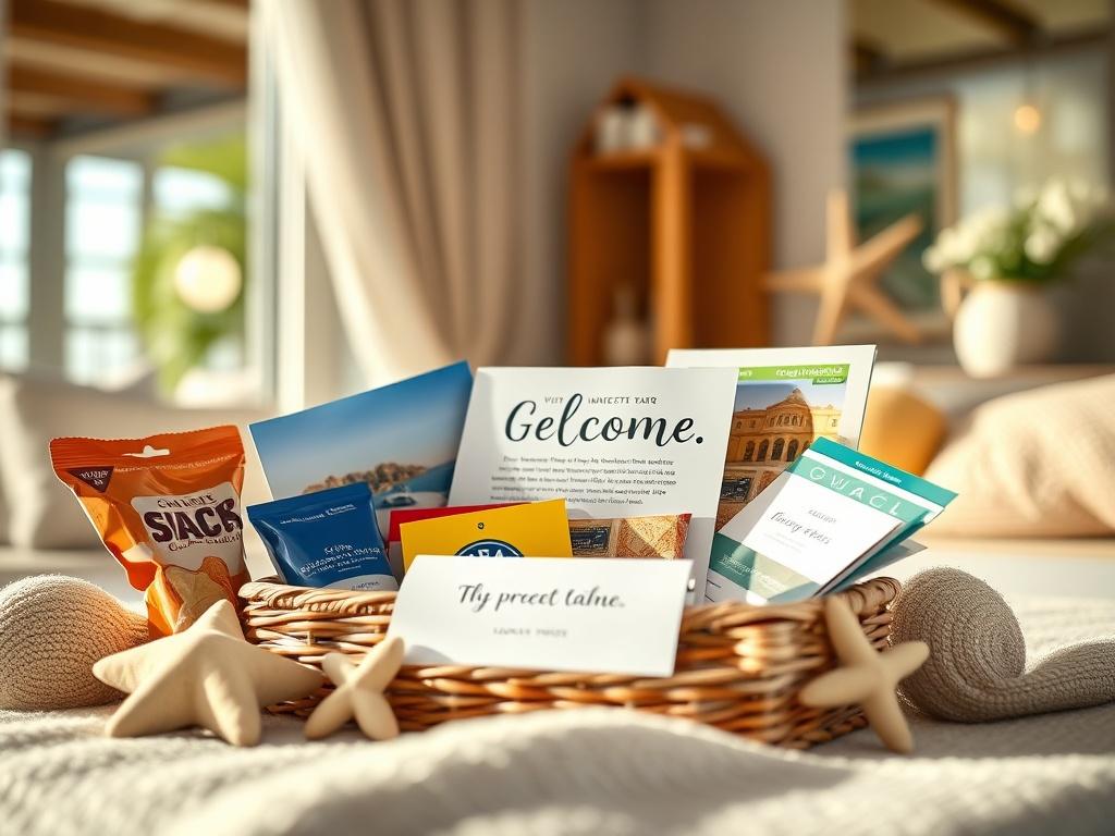 A close-up shot of a beautifully arranged welcome package for vacation rental guests, featuring local snacks, brochures, and a personalized note. The setting should be cozy and inviting, with sunlight streaming in through a window, highlighting the thoughtful details. The background should subtly suggest a beach-themed decor, reinforcing the vacation vibe. The focus should be sharp on the welcome package, with a soft blur on the surrounding elements, creating an intimate and warm atmosphere.