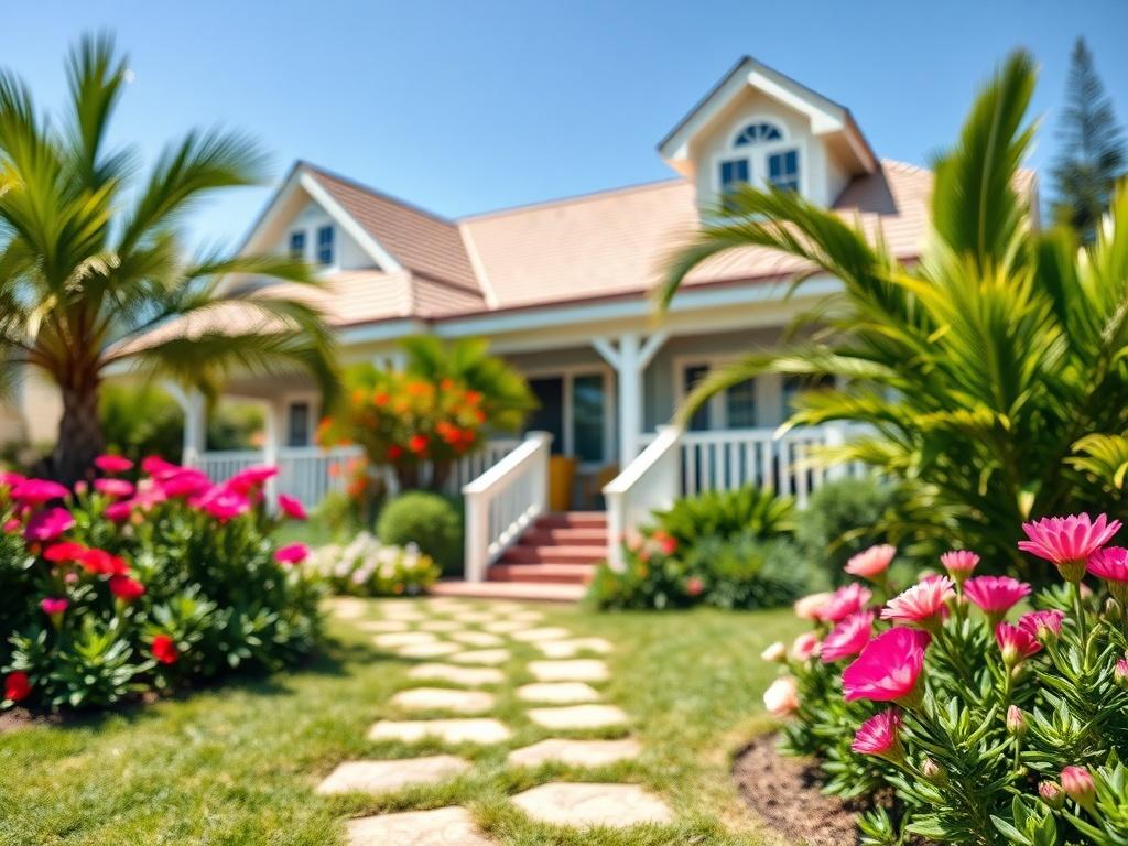 A close-up shot of a beautifully maintained vacation rental property, showcasing its exterior and surrounding landscape. The image should reflect a sunny day with bright blue skies, emphasizing the inviting atmosphere of a beach destination. The foreground should feature lush greenery, vibrant flowers, and a well-kept pathway leading to the entrance. The focus should be sharp on the property, with a shallow depth of field creating a soft, blurred background that enhances the inviting feel of the scene.