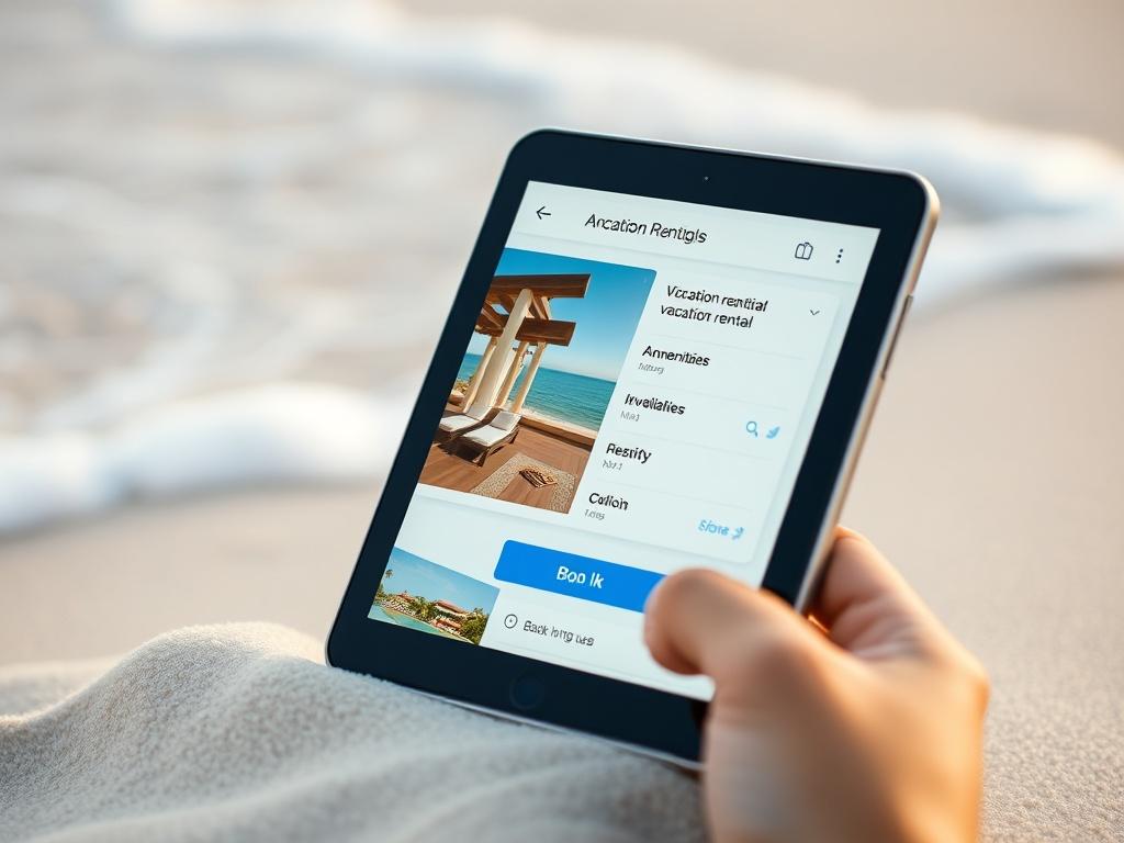 A high-resolution close-up of a user-friendly booking interface displayed on a tablet or smartphone, showcasing a vibrant vacation rental listing. The screen should display clear images of the property, with highlighted amenities, availability calendar, and an easy-to-use booking button. The background should hint at a beach setting, with soft sand and ocean waves visible, creating a warm and inviting atmosphere. The image should focus on the device, with a shallow depth of field to emphasize the booking pr