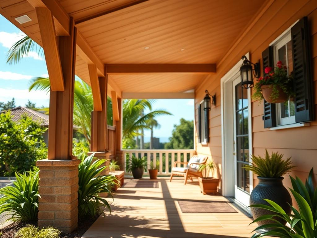 A close-up shot of a well-maintained vacation rental property with a welcoming entrance. The background features a sunny day with blue skies and lush greenery to convey a relaxing atmosphere. The image should focus on the inviting details of the property, capturing the essence of a perfect vacation getaway.