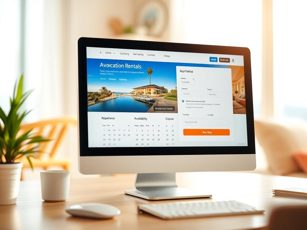 A close-up of a computer screen displaying an intuitive booking interface for vacation rentals. The screen shows clear listings with property details, availability calendar, and a simple booking button. The background should be bright and inviting, reflecting a user-friendly online environment.