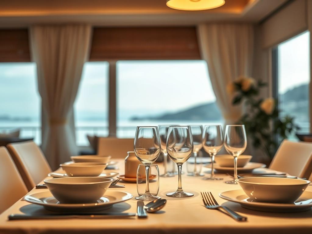 A close-up of a beautifully set dining table in a vacation rental, showcasing elegant tableware and a scenic view from the window. The background features soft lighting that creates a warm and inviting atmosphere, emphasizing the comfort and luxury of the rental experience.