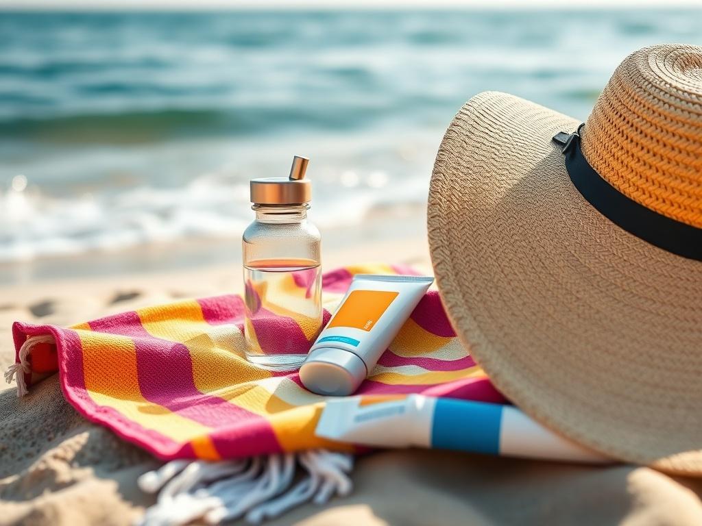 A high-resolution close-up shot of a vibrant beach towel, a reusable water bottle, sunscreen, and a stylish sun hat arranged neatly on a sandy beach background, with gentle waves in the distance, shot with a 45mm f/1.2 lens.
