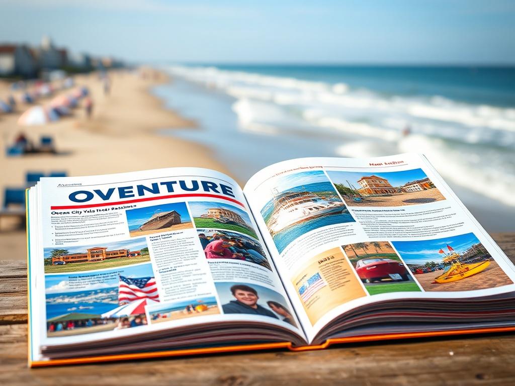A high-resolution close-up shot of an open adventure guidebook featuring vibrant images of Ocean City attractions, with a beach and ocean view in the background, shot with a 45mm f/1.2 lens.