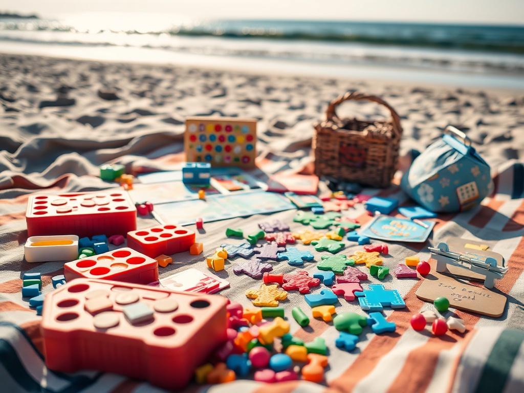 A high-resolution close-up shot of colorful games, puzzles, and crafts spread out on a picnic blanket at the beach, with a sunny ocean backdrop, shot with a 45mm f/1.2 lens.