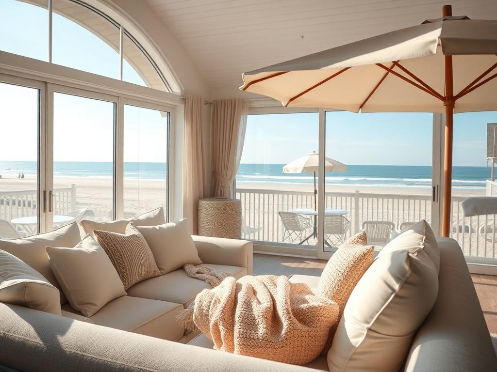 **Prompt for AI Image Generator:**

Create a realistic high-resolution photo that embodies the essence of maximizing a vacation rental experience in Ocean City. The composition should be simple and clear, featuring a single subject: a cozy, inviting vacation rental unit with a warm, welcoming atmosphere. The image should showcase a beautifully decorated living area, featuring light-colored furniture, plush pillows, and coastal-themed decor that reflects the beach vibe. 

In the background, include large win