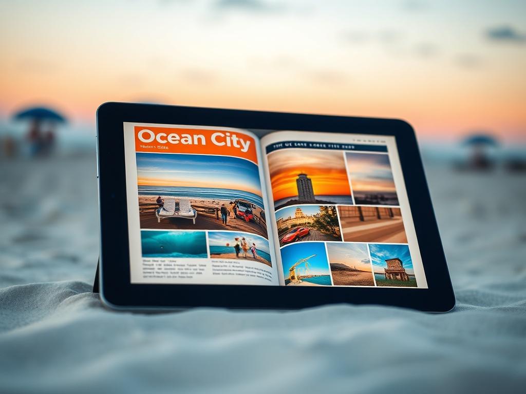 A high-resolution close-up shot of an open digital vacation guide displayed on a tablet, featuring vibrant images of Ocean City, with a beach setting in the background, captured with a 45mm f/1.2 lens.