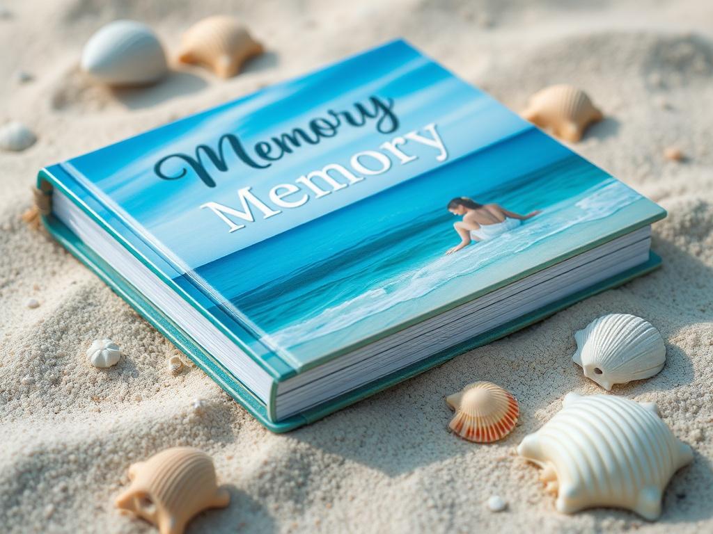 A high-resolution close-up shot of a beautifully crafted memory book with a beach-themed cover, lying on a sandy surface with seashells around it, captured with a 45mm f/1.2 lens.