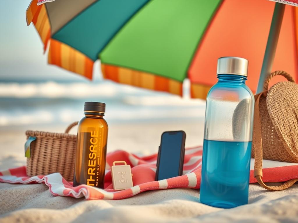 A high-resolution close-up shot of high-quality beach gear including a colorful beach umbrella, a comfy beach blanket, and reusable water bottles, with soft sand and gentle waves in the background, captured with a 45mm f/1.2 lens.