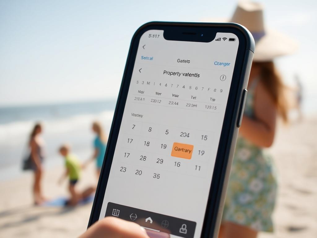 A close-up shot of a smartphone displaying property availability for vacation rentals. The background features a sunny Ocean City beach scene with families enjoying their day. The screen should show a clear calendar view with highlighted available dates, emphasizing ease of use. The focus should be on the smartphone, with a blurred beach in the background, radiating a cheerful vacation vibe.
