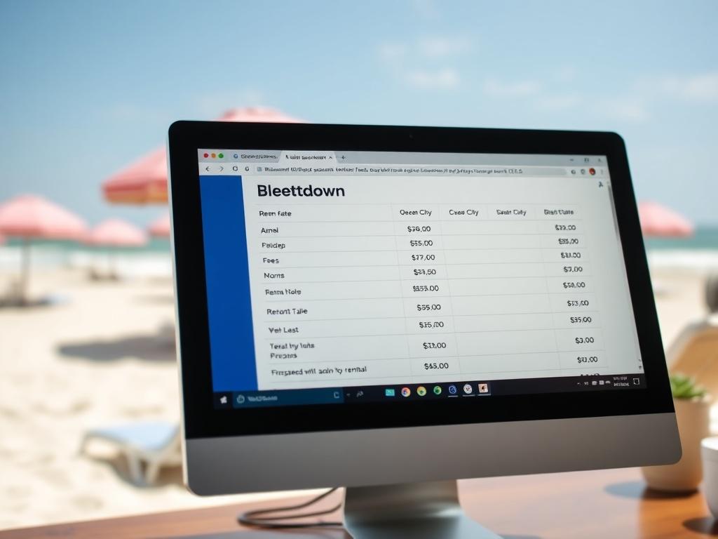 A close-up shot of a price breakdown on a vacation rental website. The background should display a sunny Ocean City setting with beach umbrellas and waves. The screen should clearly list pricing details, including rental rates and fees, highlighting the transparency of the information. The focus should be on the computer screen with a blurred beach scene to convey a relaxing vacation atmosphere.