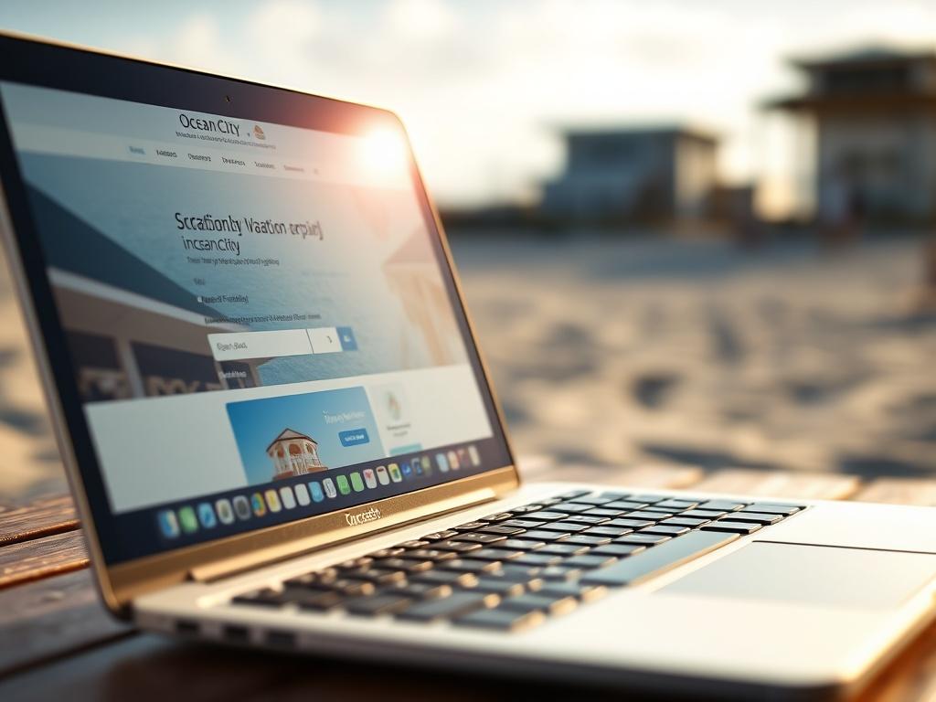 A close-up shot of a modern laptop displaying a vacation rental booking website. The background shows a serene beach setting in Ocean City, with soft sunlight illuminating the keyboard. The screen should clearly depict user-friendly booking options and vibrant images of vacation properties. The focus should be on the laptop with a blurred beach in the background, creating a warm and inviting atmosphere.