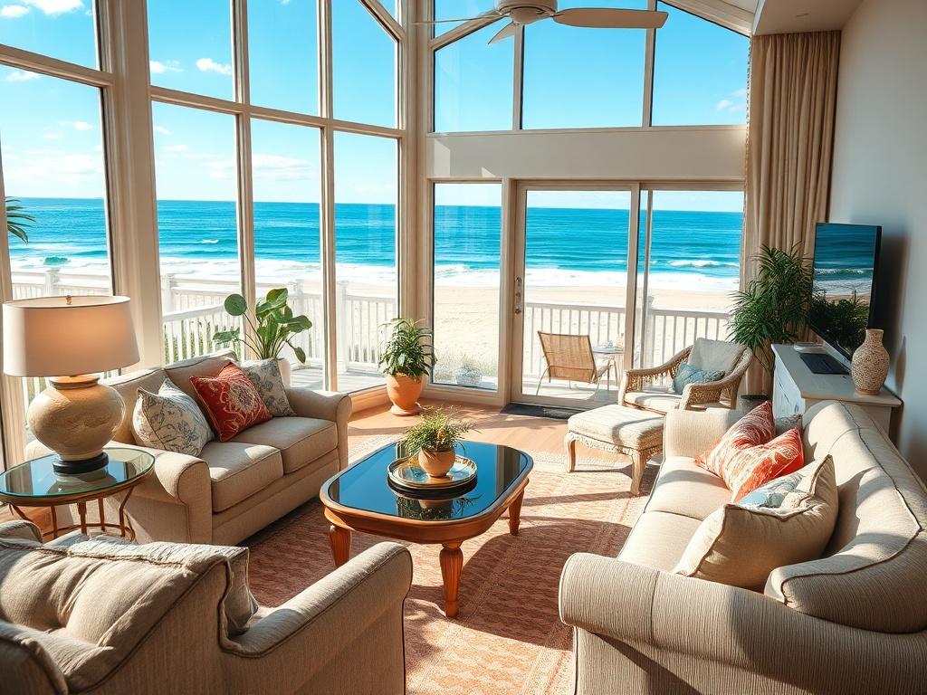 A hyper-realistic close-up shot of a beautifully decorated vacation rental living room with ocean views. The image captures intricate details of the decor, furniture, and large windows showcasing the beach outside. The setting is bright and inviting, emphasizing comfort and relaxation.