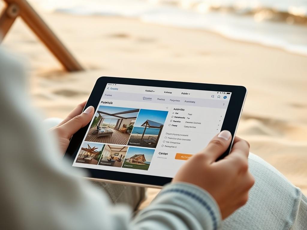 A hyper-realistic close-up image of a modern vacation rental booking interface displayed on a tablet. The screen shows a user-friendly layout with clear property images, availability calendar, and amenities listed. The background features a cozy beach setting, with soft sand and gentle waves visible, creating a warm and inviting atmosphere.