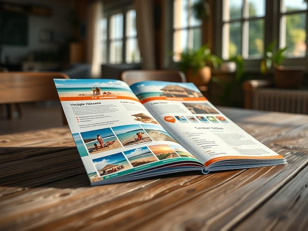 A hyper-realistic close-up image of a beautifully arranged vacation rental package brochure placed on a rustic wooden table. The brochure highlights various customizable options, with images of beach activities and local attractions. The background features soft sunlight filtering through a window, enhancing the inviting atmosphere.