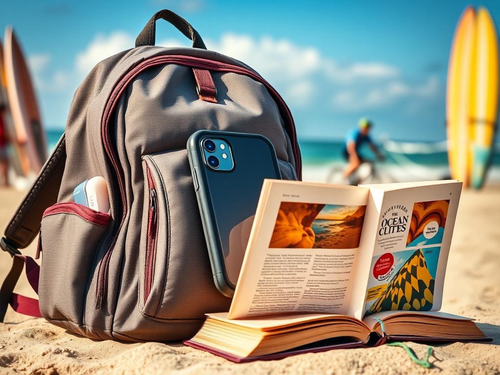 A close-up shot of an adventure pack that includes a stylish backpack, a waterproof phone case, and an open guidebook. The background should display a vibrant beach scene with surfboards and bicycles, conveying the essence of outdoor adventures in Ocean City. The image should be rendered in hyper-realistic detail, highlighting the practicality and fun of the items.