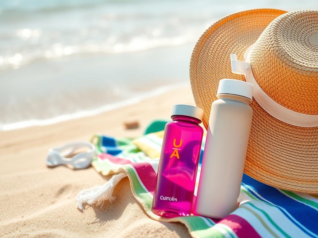 A close-up shot of beach essentials including a colorful beach towel, a stylish sun hat, and a reusable water bottle. The scene captures the essence of a sunny beach day, with soft sand in the background and gentle waves lapping at the shore. The image should be rendered in hyper-realistic detail, focusing on the vibrant colors and textures of the products against the warm tones of the beach.
