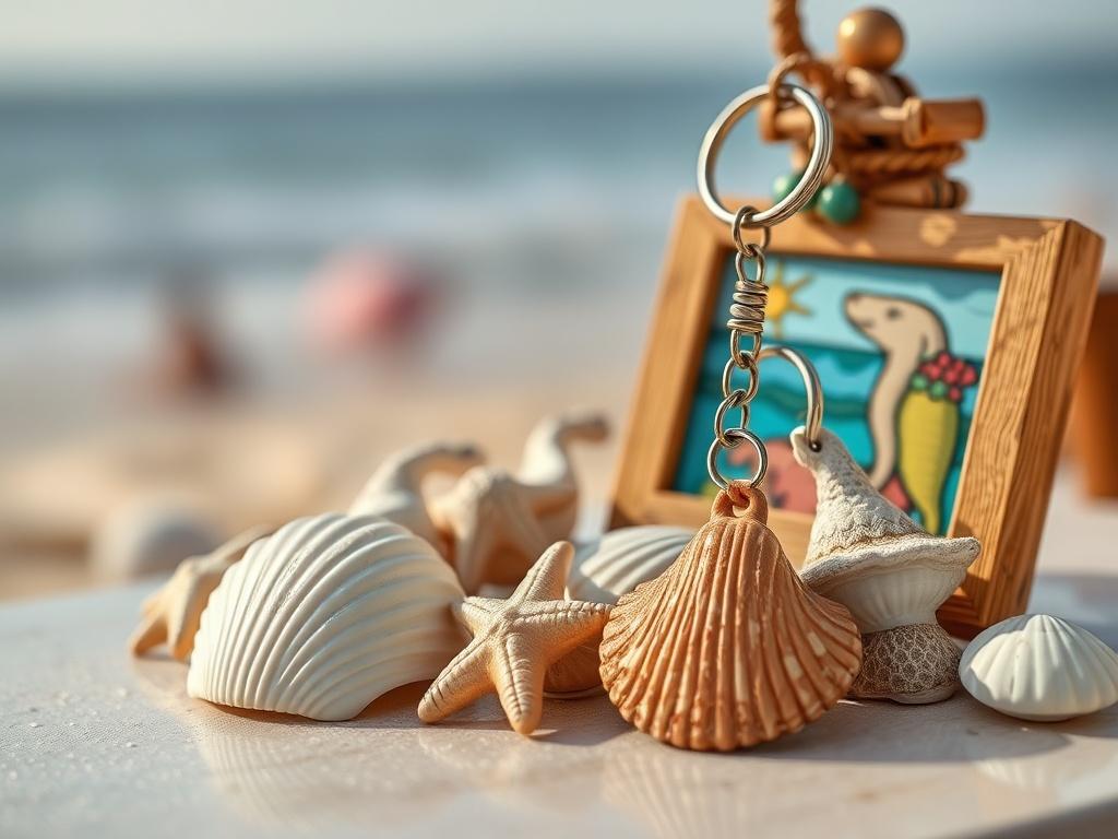 A close-up shot of handcrafted souvenirs from Ocean City, including decorative seashells, custom keychains, and a small piece of local art. The background should be a softly blurred beach scene, creating a warm and inviting atmosphere. The image should emphasize the craftsmanship and details of each item, showcasing their vibrant colors and textures.