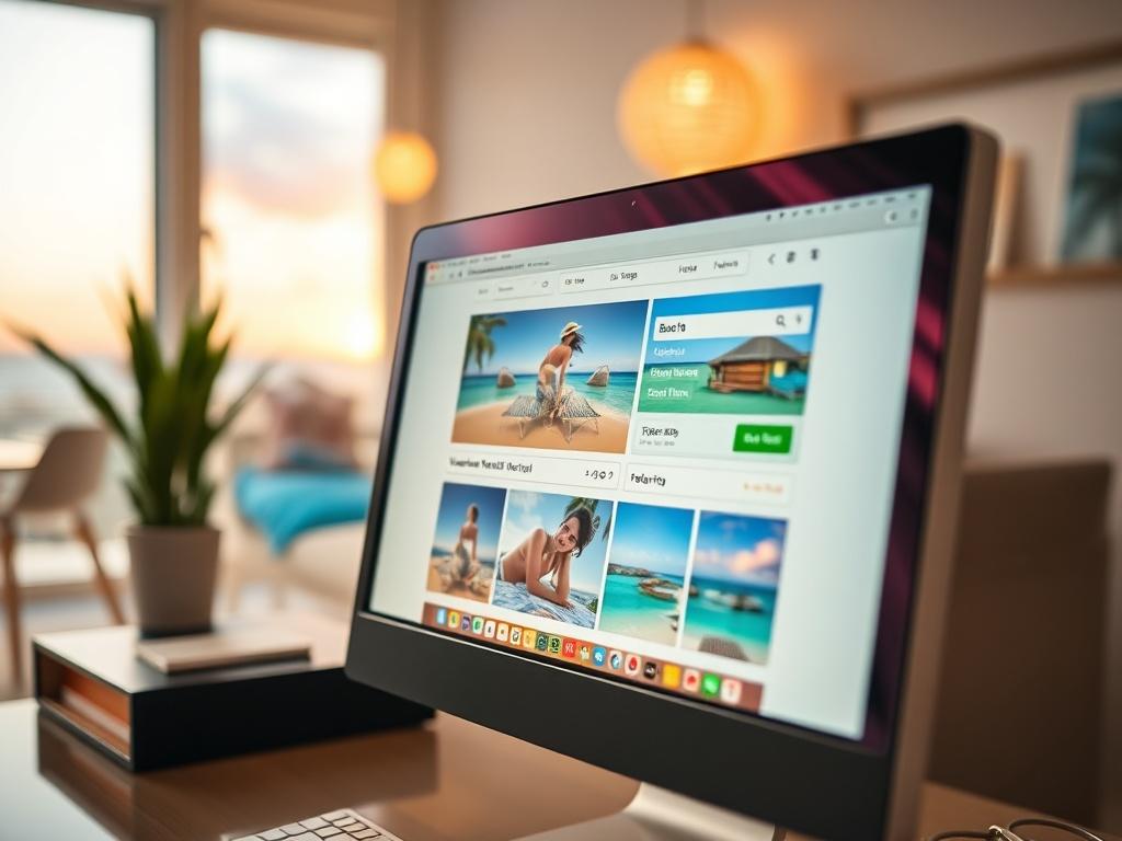 A high-resolution close-up shot of a computer screen displaying a user-friendly vacation rental booking interface, with vibrant images of beach properties in the background. The setting should be bright and inviting, suggesting a relaxed vacation atmosphere.