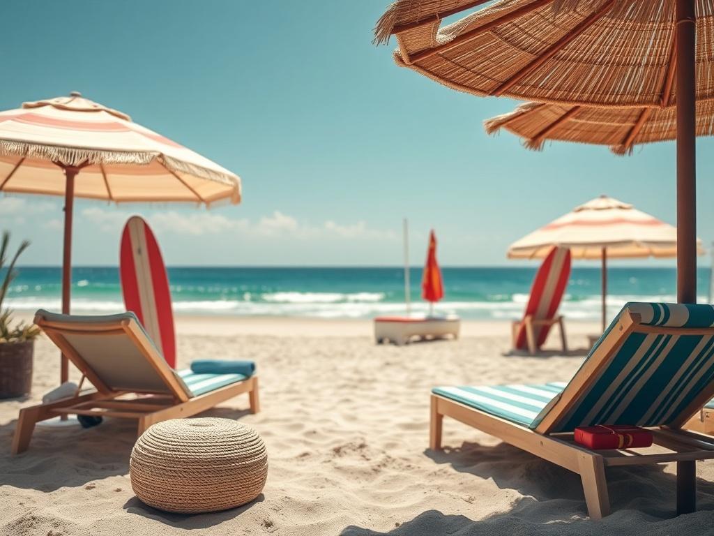 A stunning close-up shot of a vacation rental listing featuring high-quality images of diverse properties. The background should reflect a sunny beach atmosphere, with elements like sand, surfboards, and beach umbrellas enhancing the vacation vibe.