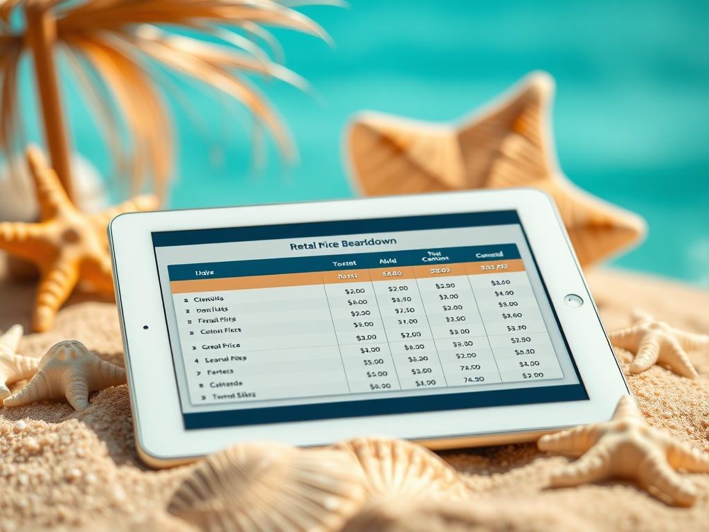 A hyper-realistic close-up photo of a detailed rental price breakdown displayed on a tablet, surrounded by beach-themed decor. The background should evoke a sunny, coastal vibe, with sand and seashells subtly integrated.