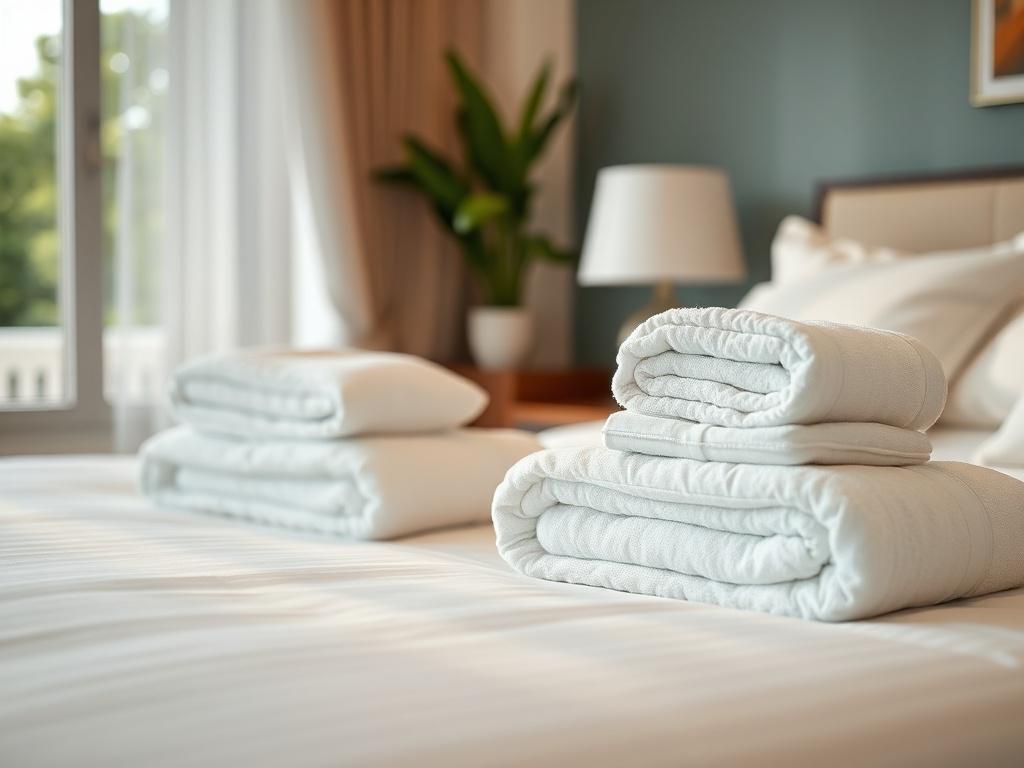 A hyper-realistic close-up shot of luxurious hotel-grade linens and fluffy towels neatly arranged on a freshly made bed in a beautifully decorated vacation rental. The bedding should be crisp and white, showcasing a high level of cleanliness. The background should be softly blurred to emphasize the luxurious linens and towels, while hinting at an inviting atmosphere. The color scheme should harmonize with rgb(50, 170, 39) as the primary accent.