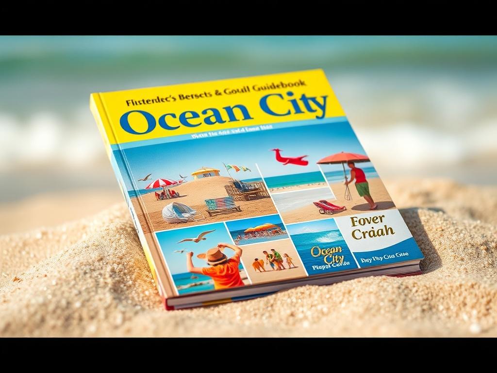 A realistic high-resolution close-up shot of a vibrant Ocean City beach guidebook, featuring colorful images of the beach, local attractions, and activities. The book rests on a sandy beach with the ocean in the background, softly blurred. The colors should reflect a sunny day at the beach, with shades of blue, yellow, and tan. The focus should be on the guidebook, showing its cover design clearly.