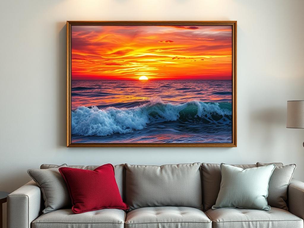 A realistic high-resolution close-up shot of a beautifully framed canvas art piece depicting an Ocean City sunset, with vivid colors and detailed waves. The canvas is hung on a stylish wall in a vacation rental living space, with soft lighting enhancing its beauty. The focus should be on the canvas, showcasing the colors and details of the sunset.