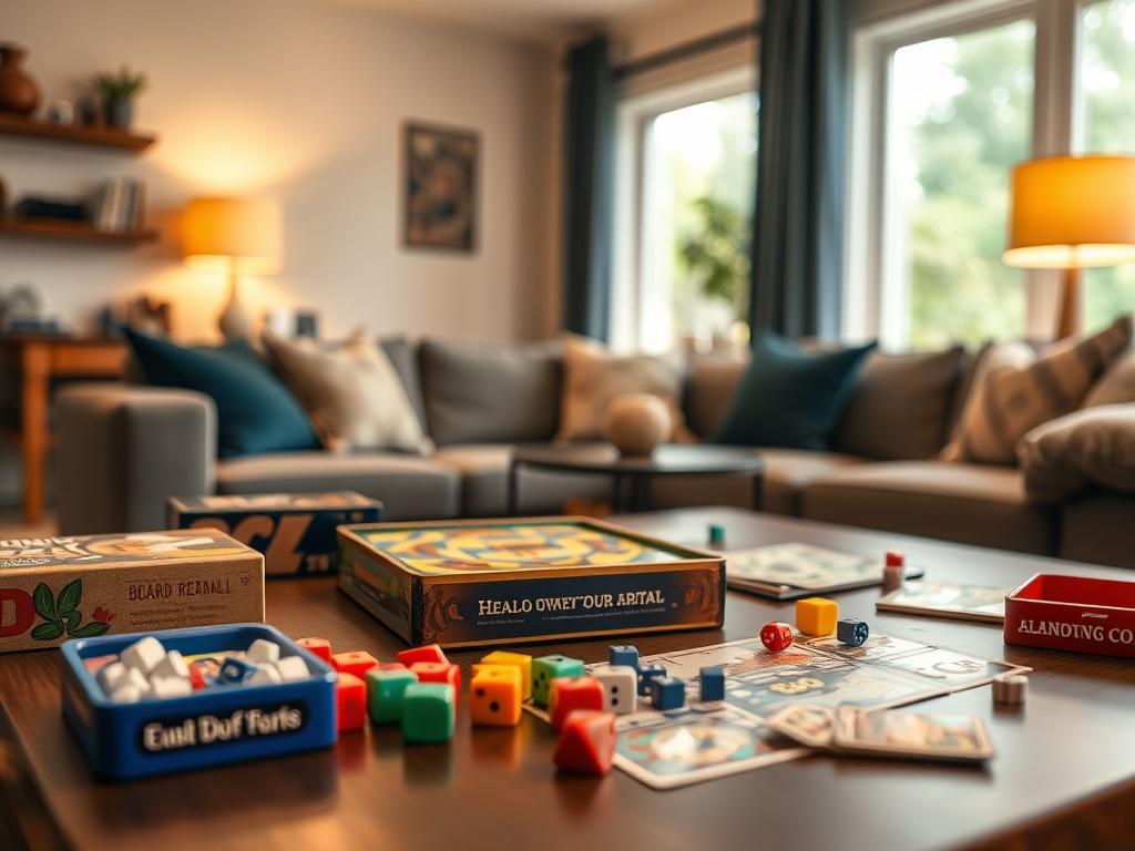 A realistic high-resolution close-up shot of a family board game set arranged on a table, showcasing colorful game boxes, dice, and cards. The background features a cozy living room scene in a vacation rental, with soft lighting and comfortable seating. The focus should be on the board games, highlighting their vibrant designs and inviting atmosphere.