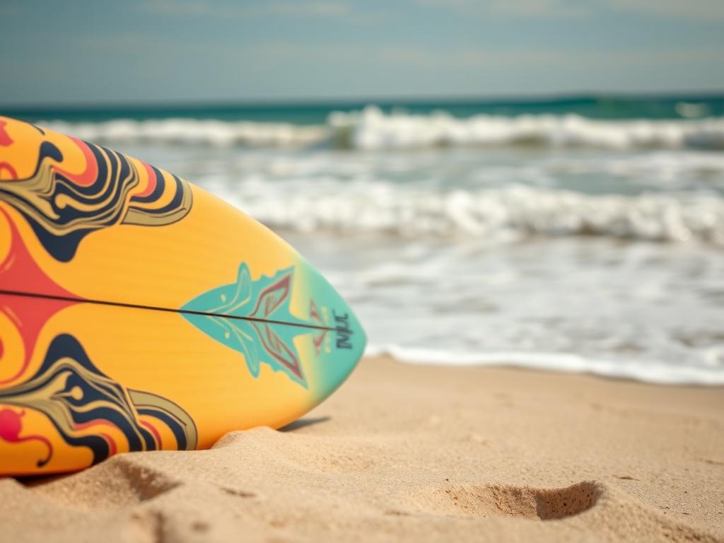 A close-up shot of a colorful surfboard leaning against a sandy beach, with the ocean waves gently rolling in the background. The surfboard displays vibrant designs and patterns. The scene captures the essence of summer and beach life, with clear skies above and soft sand in the foreground. The image should be hyper-realistic, taken with a 45mm f/1.2 lens.