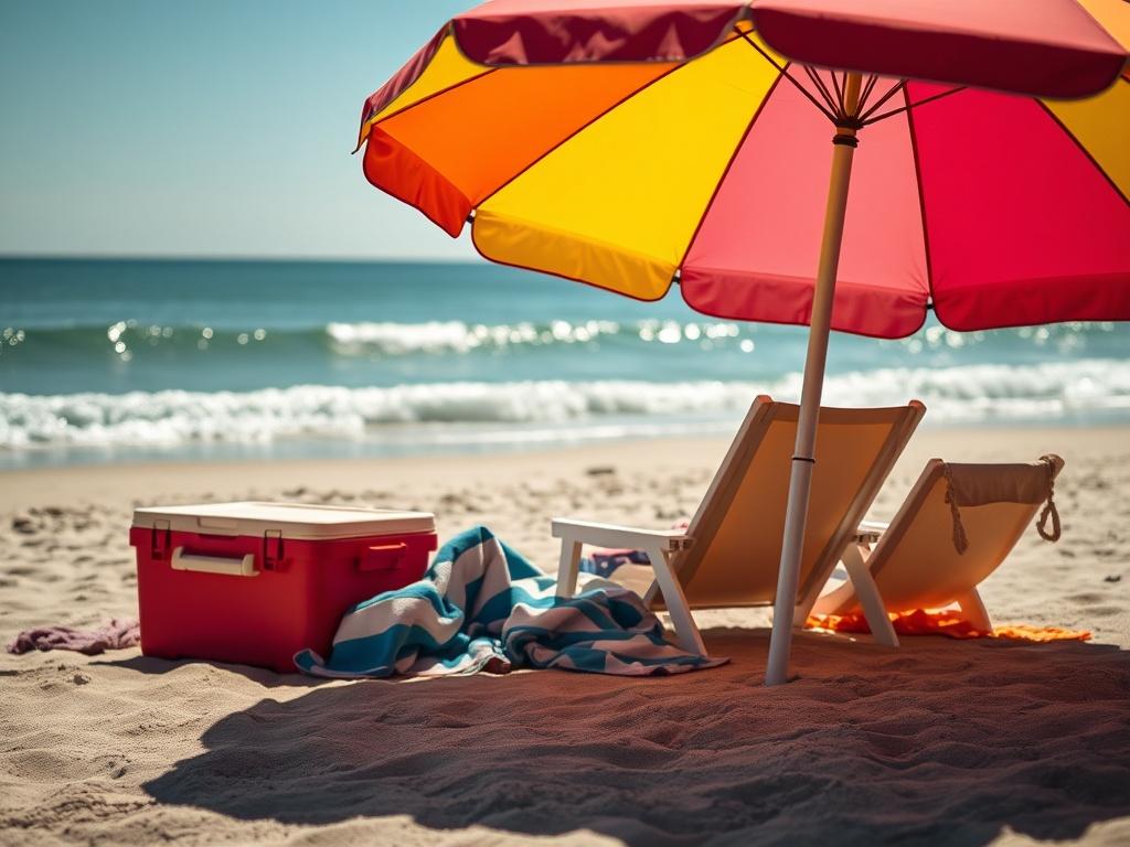 A close-up shot of a vibrant beach umbrella set up on a sandy Ocean City beach, with the ocean in the background. The umbrella is open, showcasing its colorful design, and there are beach towels and a cooler nearby. The sunlight casts soft shadows, creating a warm, inviting atmosphere. The image should have a hyper-realistic quality, captured with a 45mm f/1.2 lens.