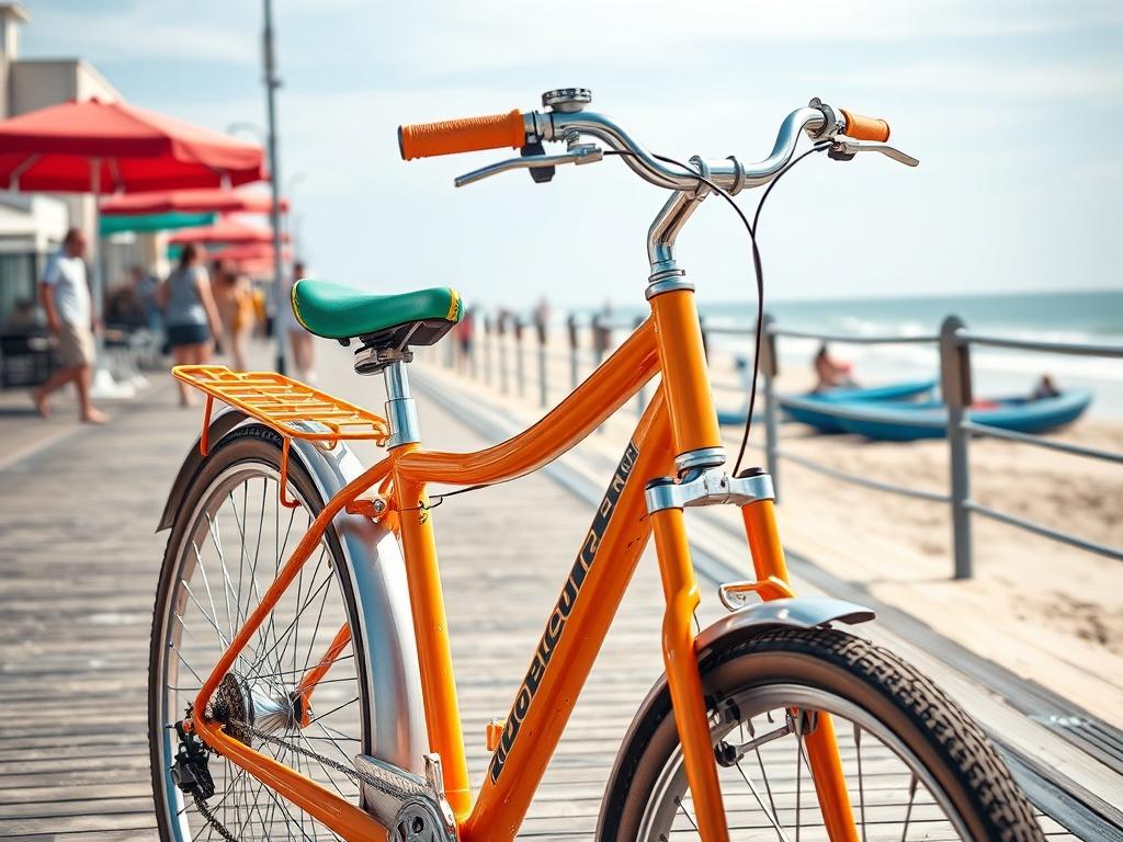 A close-up shot of a brightly colored bicycle parked on the Ocean City boardwalk, with the beach and ocean in the background. The bike is stylish and inviting, showcasing its features. The scene captures a sunny day with people enjoying their time nearby, creating a lively atmosphere. The image should be hyper-realistic, captured with a 45mm f/1.2 lens.