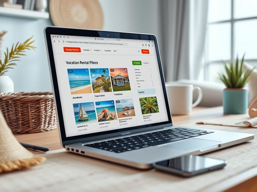 A high-resolution close-up image of a laptop screen displaying a user-friendly booking interface for vacation rentals. The screen shows vibrant images of rental properties with clear descriptions and availability calendars. Surrounding the laptop, a cozy beach-themed workspace is depicted, with soft colors and natural light, evoking a sense of tranquility.