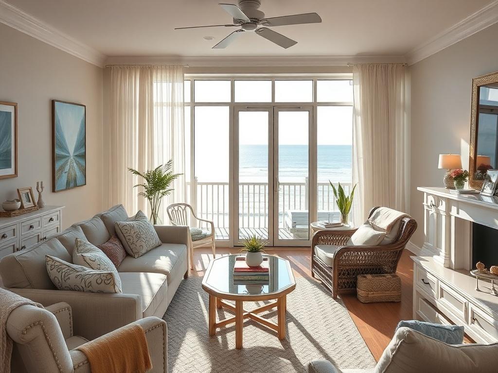 A high-resolution close-up shot of a vacation rental property in Ocean City, New Jersey, showcasing a beautifully decorated living room with coastal decor, a large window allowing sunlight to pour in, and a view of the beach. The image should capture the inviting atmosphere, with soft colors and textures, creating a sense of comfort and relaxation.