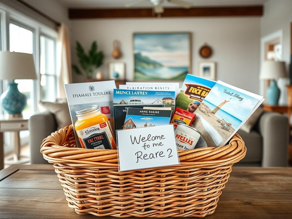 A high-resolution close-up image of a beautifully arranged welcome basket for guests at a vacation rental. The basket includes local treats, a personalized note, and brochures of nearby attractions. The background features a well-decorated living space with coastal decor, creating a warm and inviting atmosphere.