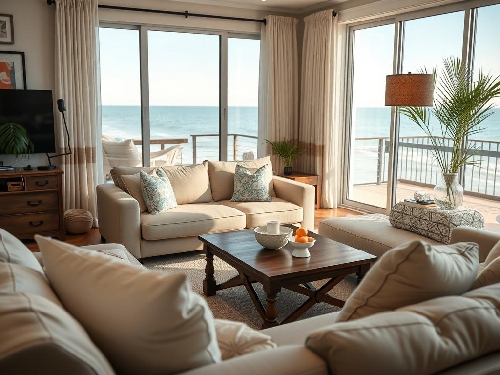 A close-up shot of a well-furnished vacation rental living room, showcasing a cozy ambiance with natural lighting. The room features a comfortable sofa, decorative cushions, and a coffee table with beach-themed decor. The background includes a large window with a view of the ocean, emphasizing the seaside location. The image should be captured with a 45mm f/1.2 lens to highlight the details and create a warm, inviting atmosphere.