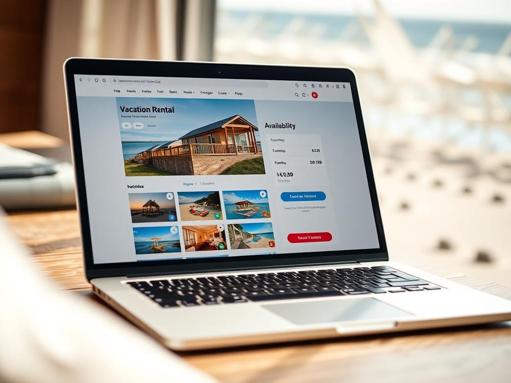 A close-up shot of a laptop displaying an easy-to-navigate vacation rental booking page. The screen shows vibrant images of a beach house, availability calendar, and pricing options. Soft sunlight illuminates the workspace, enhancing the inviting atmosphere. The background is a blurred view of a beach, adding a vacation feel to the scene. The image should be captured with a 45mm f/1.2 lens to emphasize clarity and detail.