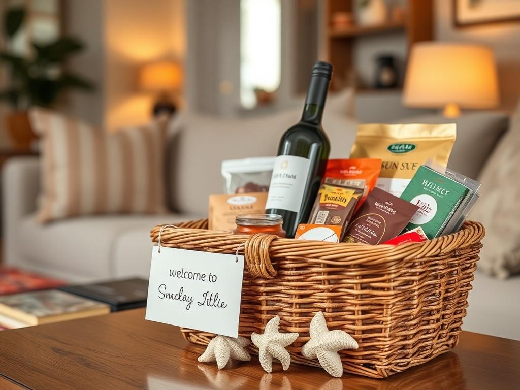 A close-up shot of a beautifully arranged welcome basket in a vacation rental, featuring local snacks, a bottle of wine, and a personalized note. The setting is inviting, with soft lighting and decorative touches like seashells and beach-themed items. The background hints at a cozy living space, enhancing the feeling of a welcoming getaway. The image should be captured with a 45mm f/1.2 lens to bring out the details and warmth.