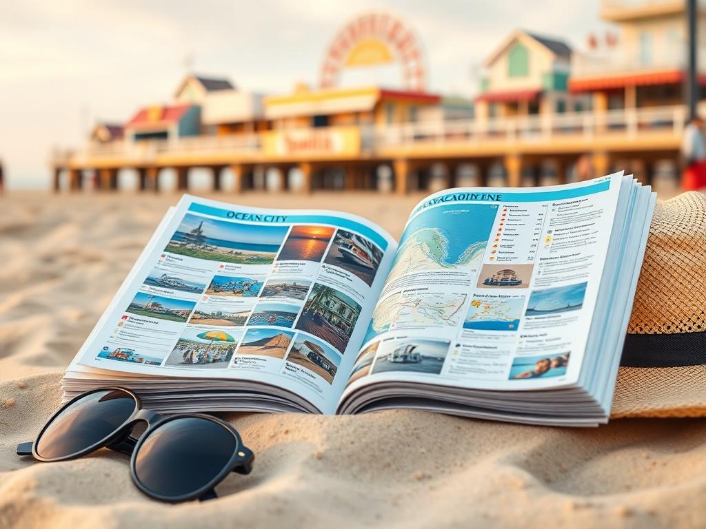 A high-resolution close-up shot of an open vacation guidebook on a sandy beach, with Ocean City's iconic boardwalk in the background. The guidebook is filled with colorful images and maps, with a pair of sunglasses and a sun hat nearby, shot with a 45mm f/1.2 lens.