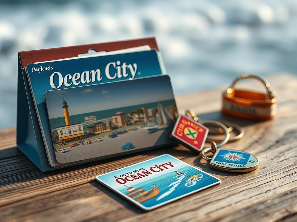 A high-resolution close-up shot of an Ocean City souvenir pack containing postcards, a magnet, and a keychain, beautifully arranged on a wooden table. A soft focus of ocean waves is visible in the background, shot with a 45mm f/1.2 lens.