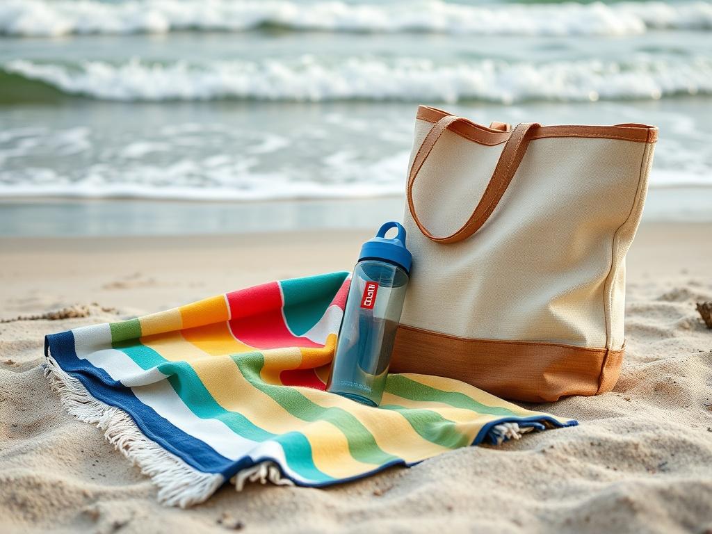 A high-resolution close-up shot of a beach essentials bundle featuring a colorful beach towel, a spacious tote bag, and a reusable water bottle, arranged on a sandy beach. The ocean waves gently lap in the background, shot with a 45mm f/1.2 lens.
