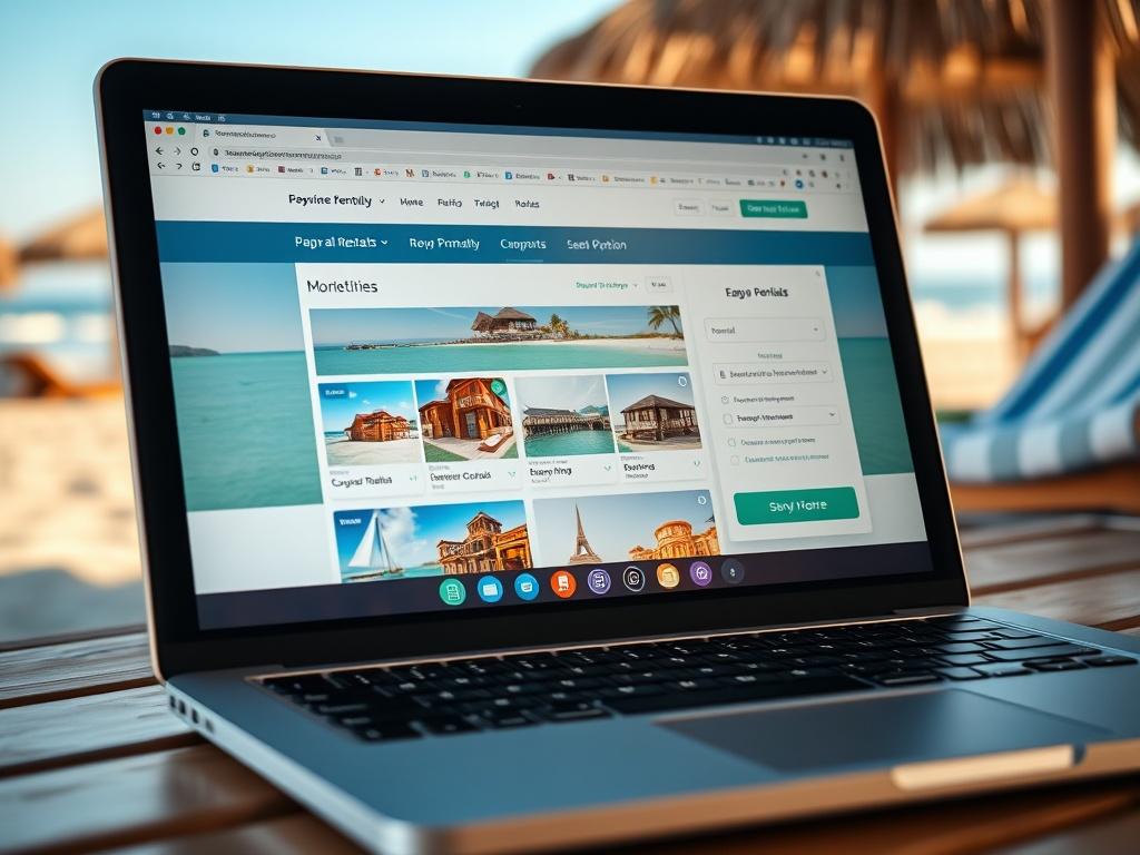 A close-up shot of a laptop displaying the user-friendly booking interface for vacation rentals. The screen should show a vibrant selection of properties and booking options, while the background captures a relaxed beach atmosphere. The image should evoke a sense of ease and convenience for renters.
