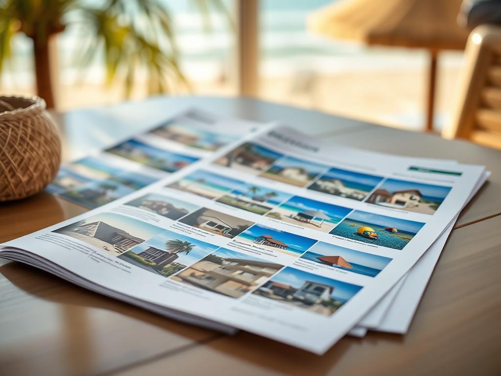 A close-up shot of a marketing plan document spread out on a table, featuring images of various vacation rental properties. The background should include beach scenery, symbolizing the vacation atmosphere, while the focus remains on the marketing materials that highlight the properties.