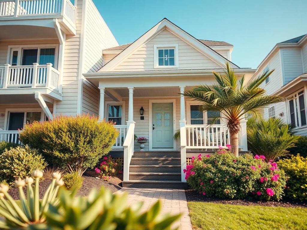 A close-up shot of a well-maintained vacation rental property in Ocean City, showcasing its inviting entrance and beautiful landscaping. The focus should be on the property's exterior, capturing the essence of a relaxing getaway. The background should be blurred to emphasize the property, with the colors soft and warm, reflecting a sunny day.